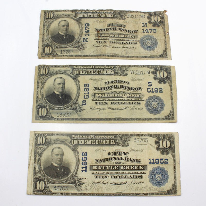 1902 $10 Assorted US National Currency Banknotes MI NC AI Lot of 3 #C930-1