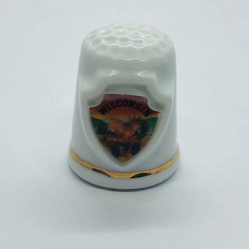 Wisconsin Souvenir State Porcelain Thimble w/ Deer & Sunset