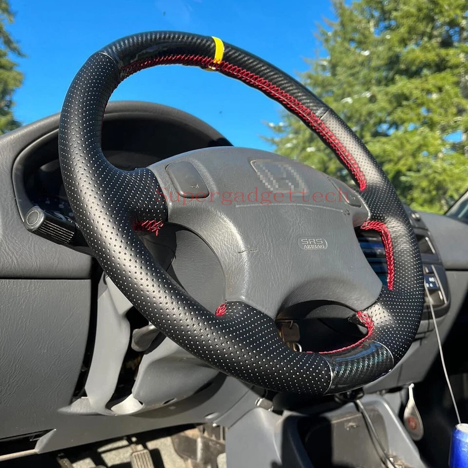 Cubierta envolvente de volante de fibra de carbono y cuero con costura manual para Honda CR-V Foto 3 de 4