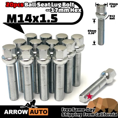 20x Chrome 14x1.5 LugBolt 60mm Fit Jette/Tiguan&VolkswagenStockRim 30-35mmSpacer