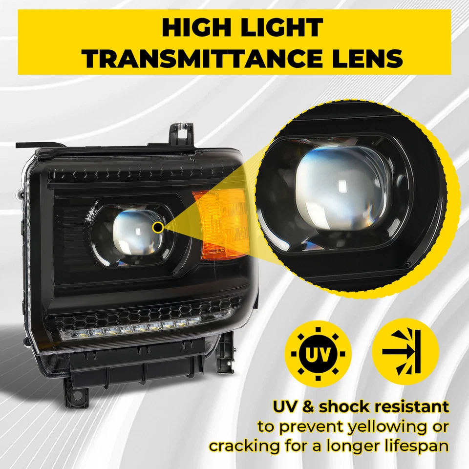 DRL LED Headlights Projector For 2014-2018 GMC Sierra 1500 2015-2019 2500 3500HD Foto 3 de 4