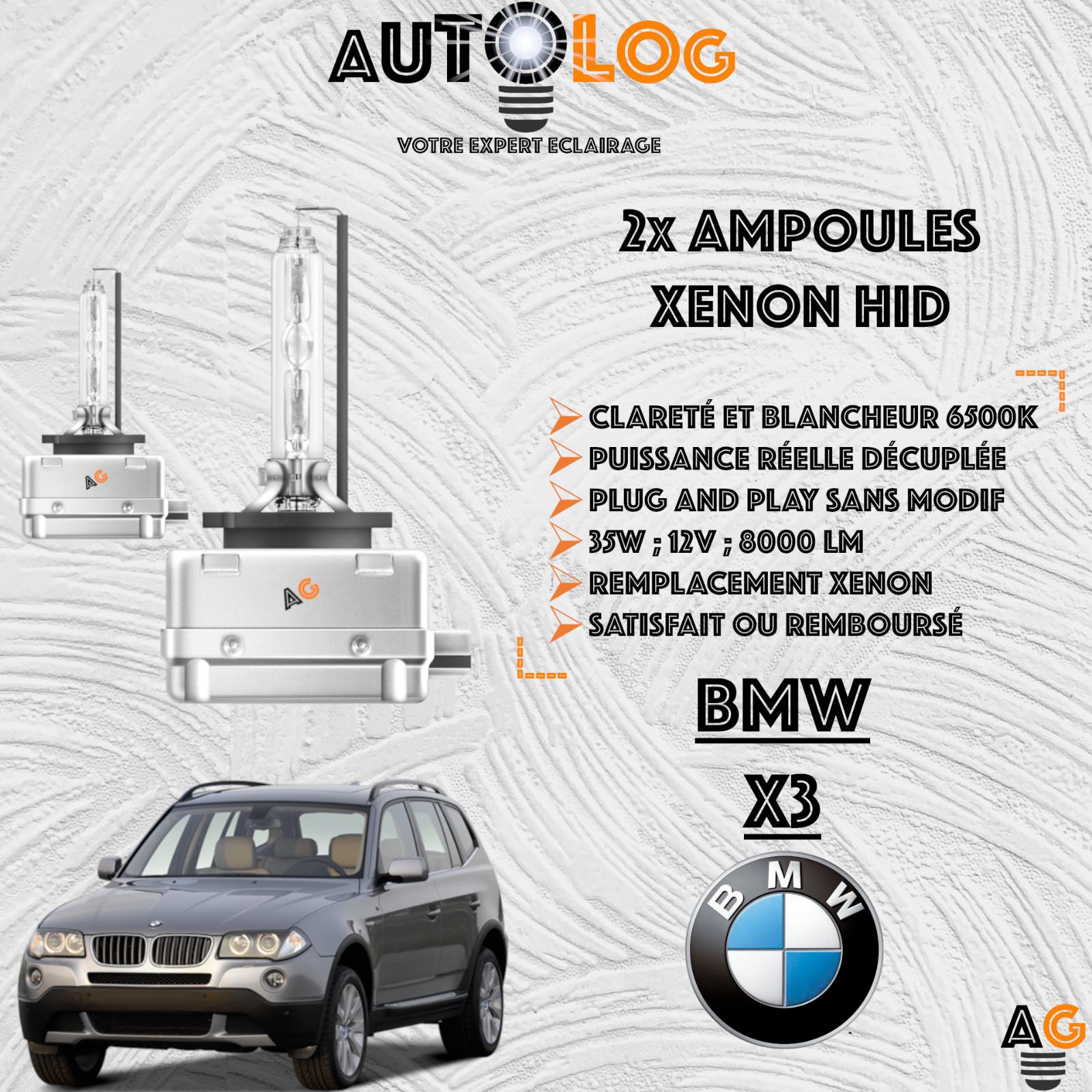Ampoules Xenon HID BMW X3 blancheur 6000K anti-reflet pour vision nocturne haute performance