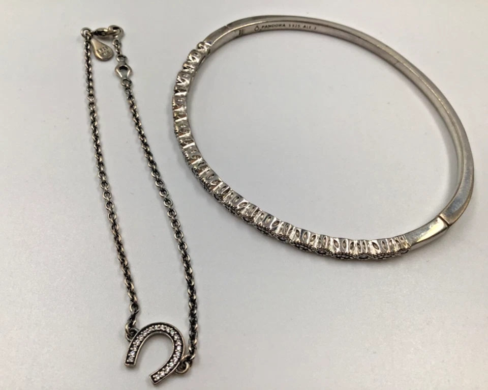 Pandora 925 Lot of 3 Bracelets Horseshoe Chain Pave Hinged Bangle Silver Leather - Image 4 of 4