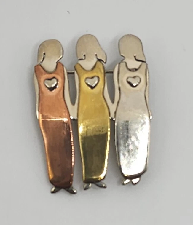 Broche prendedor firmado Far Fetched Friends Sisters 3 mujeres corazones amor amigos regalo  Foto 2 de 4