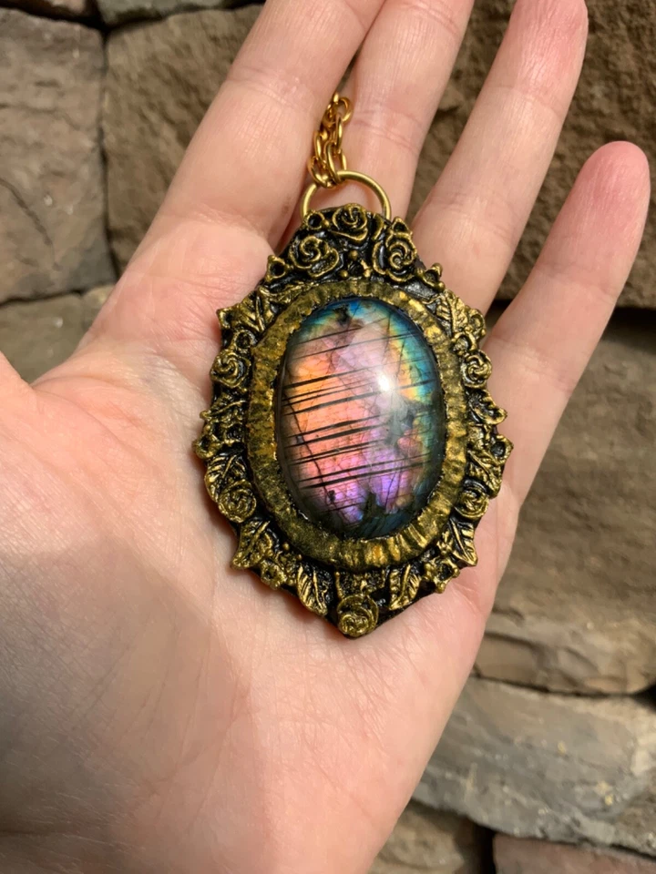 巨大拉长石吊坠项链手工手工 — 第 4/4 张图片