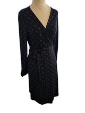 Ann Taylor Long Sleeve Wrap Dress Polka-dot Navy With Green Dots 6p 6 Petite EUC
