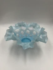 FENTON 7" BABY BLUE COIN DOT CRIMPED RUFFLED TOP VASE ROSE BOWL EXCELLENT