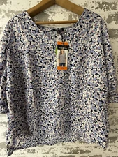 Well Worn Shirt Womens XXL Blue Black Floral Puff Sleeve V-Neck Blouse Top New