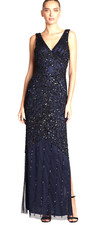AIDAN MATTOX Navy Sequined Tulle Double V Side Slit Column Formal Gown 12 NEW