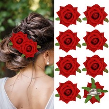 Red Rose Hair Clip for Women Girls, 8 Pcs Fabric Flower Hair Accessories, Wed