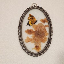 Vintage Oval Shaped Stained Glass Sun Catcher Dried Flowers Painted Butterfly