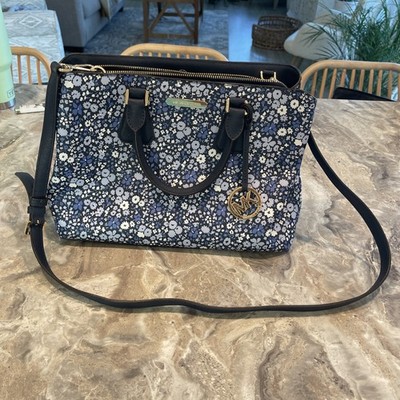 New MICHAEL KORS Women's Camille MK LG Satchel Floral Bag Navy Blue Gold