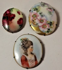 ANTIQUE VICTORIAN PORCELAIN FLOWER FLORAL CAMEO PORTRAIT BROOCH PIN LOT