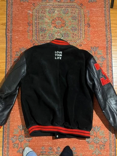 Varsity Letterman Jacket Mens Black Leather Sleeves "Love Your Life" Embroidery - product listing photo
