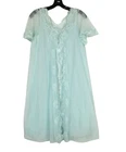 VTG SEARS Blue NYLON Lace & Satin Detail PEIGNOIR ROBE/NIGHTGOWN 2Pc SET Sz S