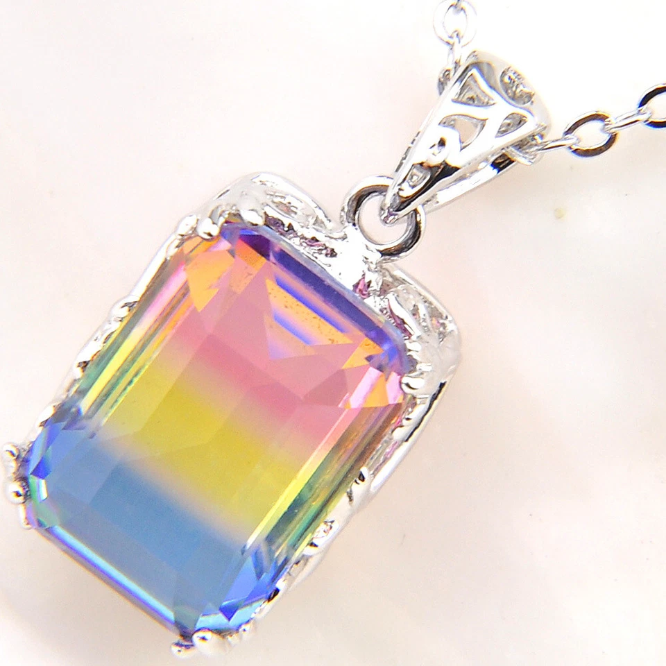 Romantic Rectangle Rainbow Mystic Fire Topaz Gemstone Silver Necklace Pendants - Image 3 of 4