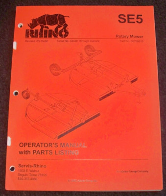 Rhino SE5 Rotary Mower / Cutter Operators & Parts Manual ORIGINAL! 3/02 ...