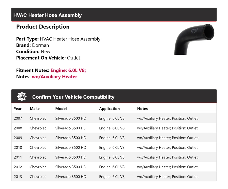 Conjunto de manguera de calefacción HVAC Dorman HD para Chevrolet Silverado 3500 HD 2007-2013 2008 Foto 2 de 4
