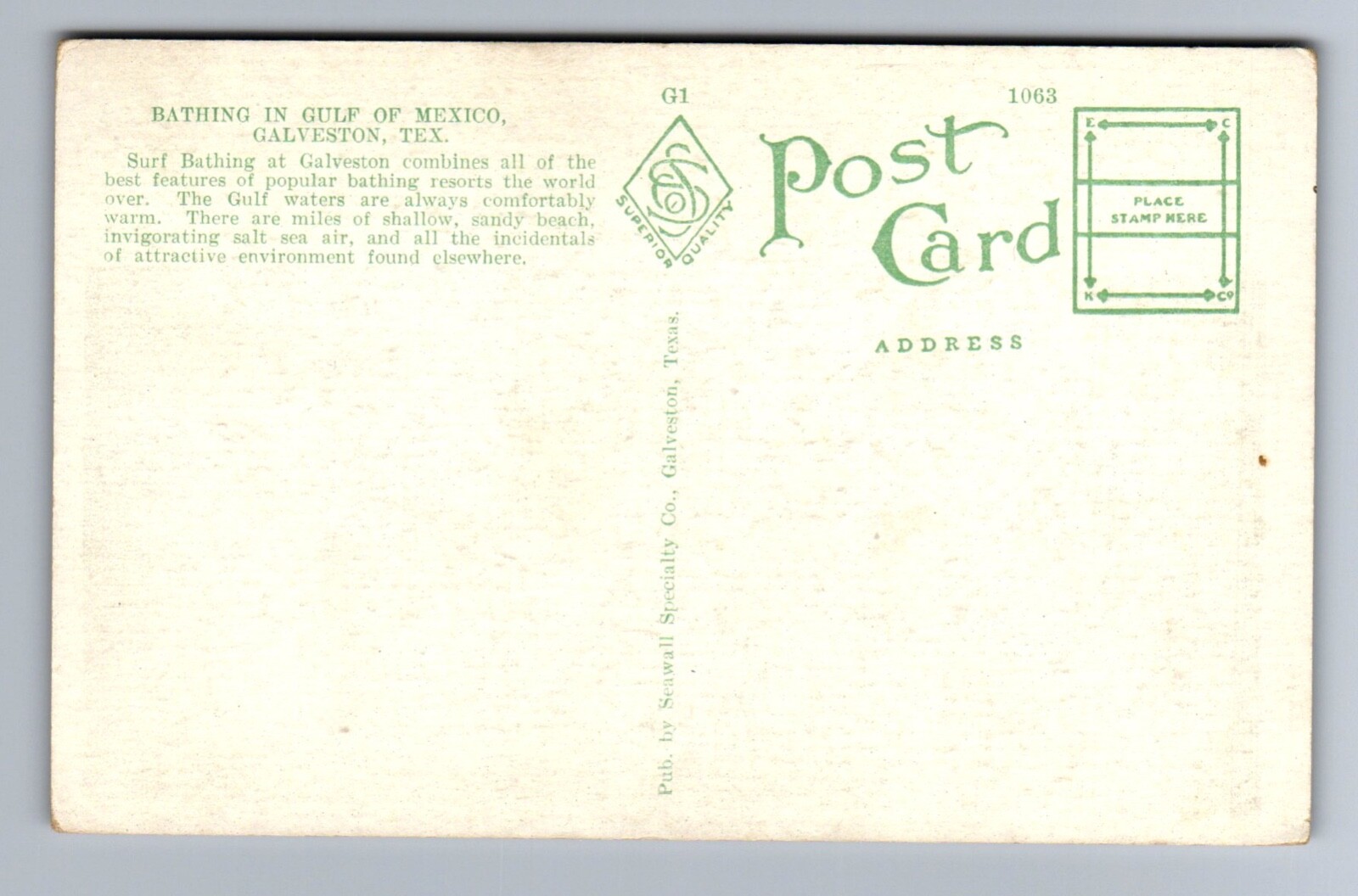 C.1920 UNUSED, BATHING IN THE GULF OF MEXICO, GALVESTON TX, BEACH