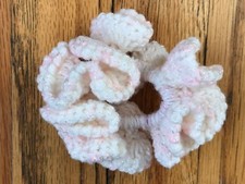 Handmade Crocheted Crochet Hair Scrunchie - Lt. Pink/ White Acrylic- Handmade