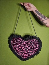 handmade leopard print heart shaped purse with ruffle trim chain cross body bag 
