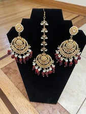 Indian Bollywood Gold Plated Kundan Pearl Earring & Tikka Set Bridal Ethnic USA