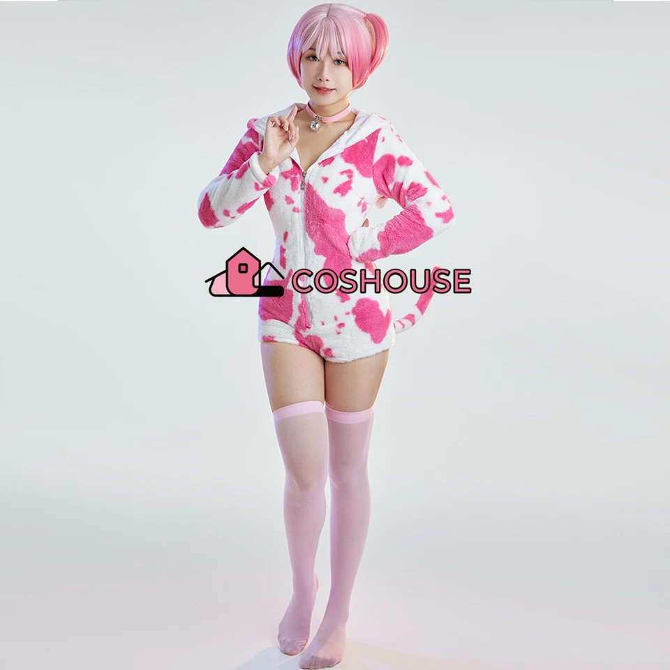 Mujer Una Pieza Pijama Sudadera con Capucha Rosa Vaca Mameluco Body Con Capucha Ropa para el Hogar con Calcetín Foto 2 de 4