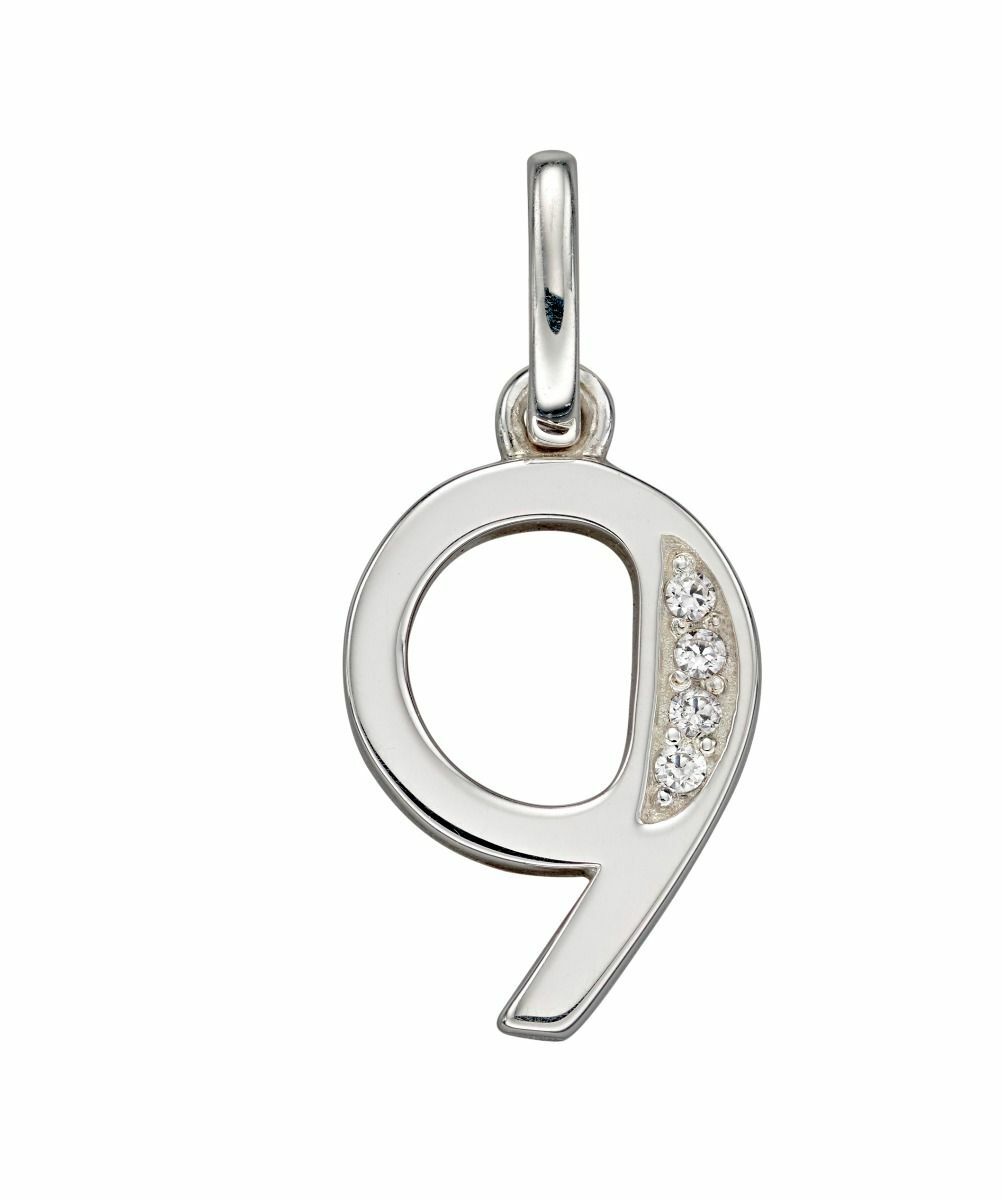925 Sterling Silver Art Deco Number '9' Crystal Cubic Zirconia Pendant Necklace