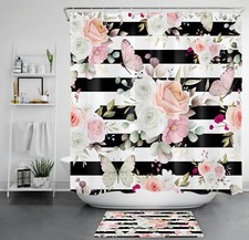 Black White Striped Butterfly Pink Floral Shower Curtain Set for Bathroom Decor