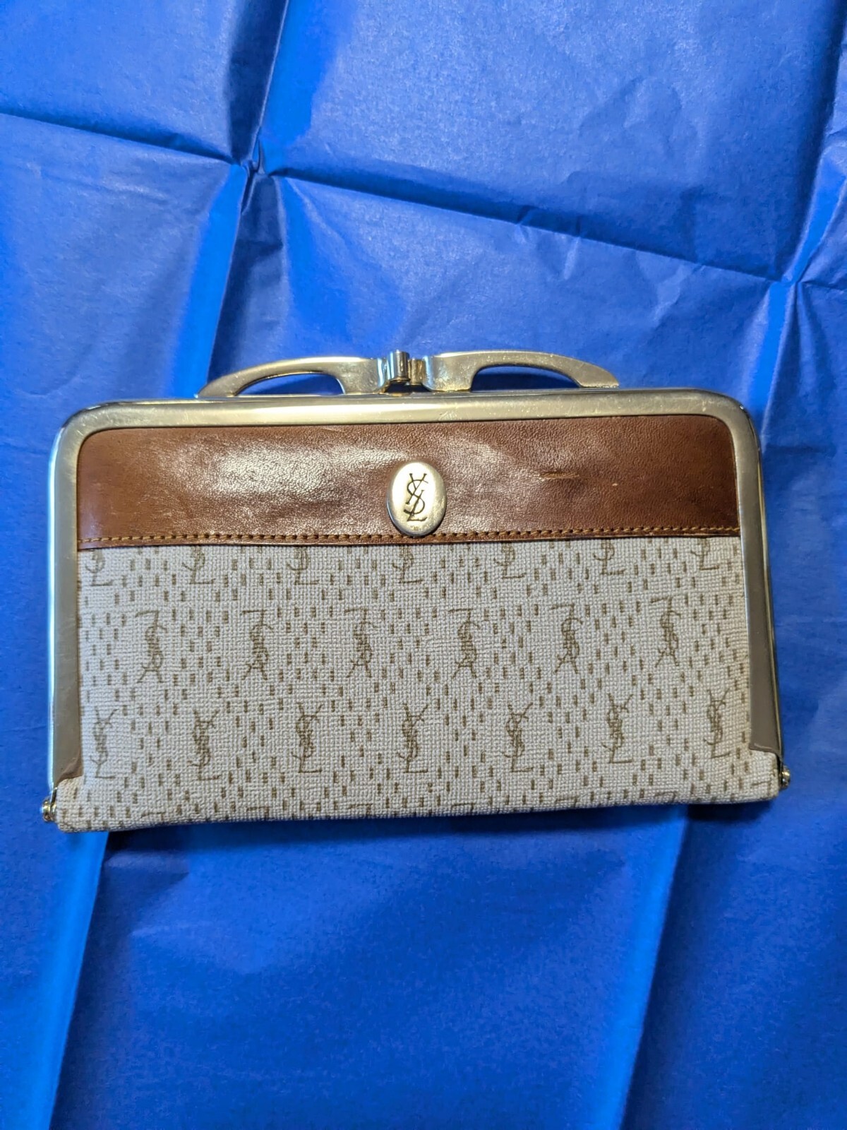 borsa pochette yves saint laurent. marrone beige. pelle e tessuto. v g cndn