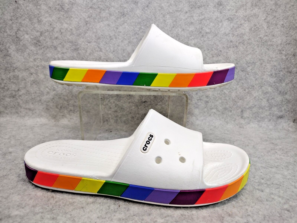 Crocs M6 W8 Iconic Crocband Rainbow Pride Slides Sandals White Waterproof