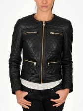 New Women's Black Quilted Slim Fit Biker Style Moto Real Leather Jacket