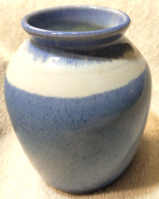 6'' Studio Vase Art Pottery Jar  Blue/Tan Drip Glaze Boho Artist Signed Pa