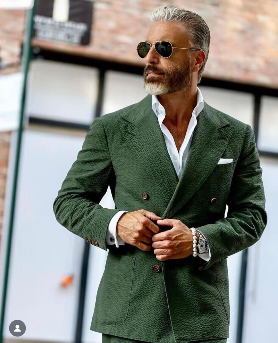 Green Seersucker Men's Suits 2 Pcs Summer Double Breasted Beach