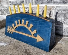 VTG Handmade Wood Copper Boy Cub Scout Arrow Of Light Candelabra 7 Candle Holder