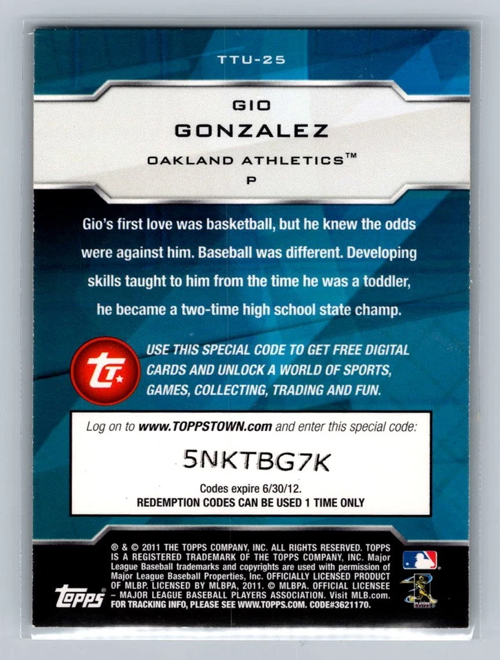 1995 年 Gio Gonzalez #TTU-25 Upper Deck SP 奥克兰田径 BBC-#14 — 第 2/2 张图片