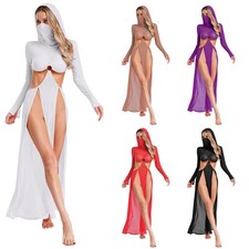 US Women's See Through Sheer Maxi Dress High Slit Hooded Cover Ups Exotic Charm