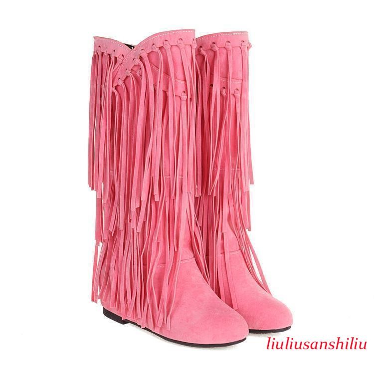 Women's Fringed Low Wedge Heel Suede Pull on Mid Calf Boot Winter Shoes Oversize