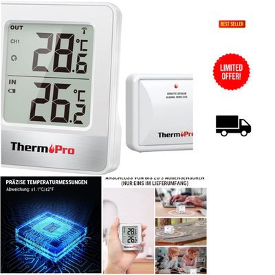 ThermoPro TP200 Funk Thermometer 2 Räume Außensensor 150m