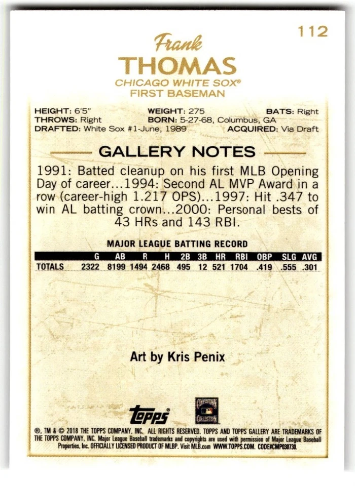 Frank Thomas 2018 Topps Gallery #112 Chicago White Sox - Image 2 of 2