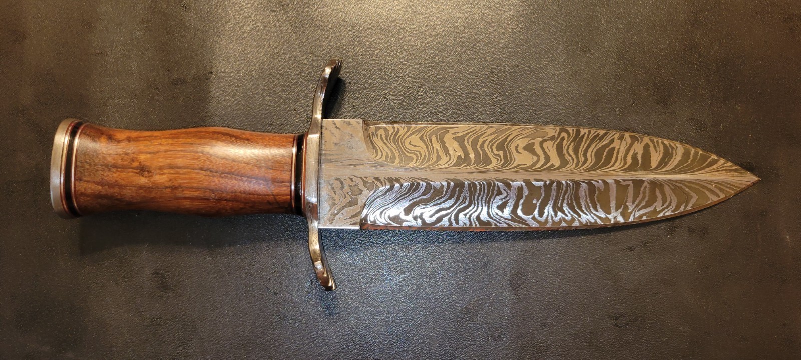 IMPACT CUTLERY CUSTOM FEATHER DAMASCUS DAGGER KNIFE BURL WOOD HANDLE- 2237