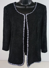 Alex Evenings Womens L Black Silver Sequin Sparkle 3/4 Sleeve Jacket