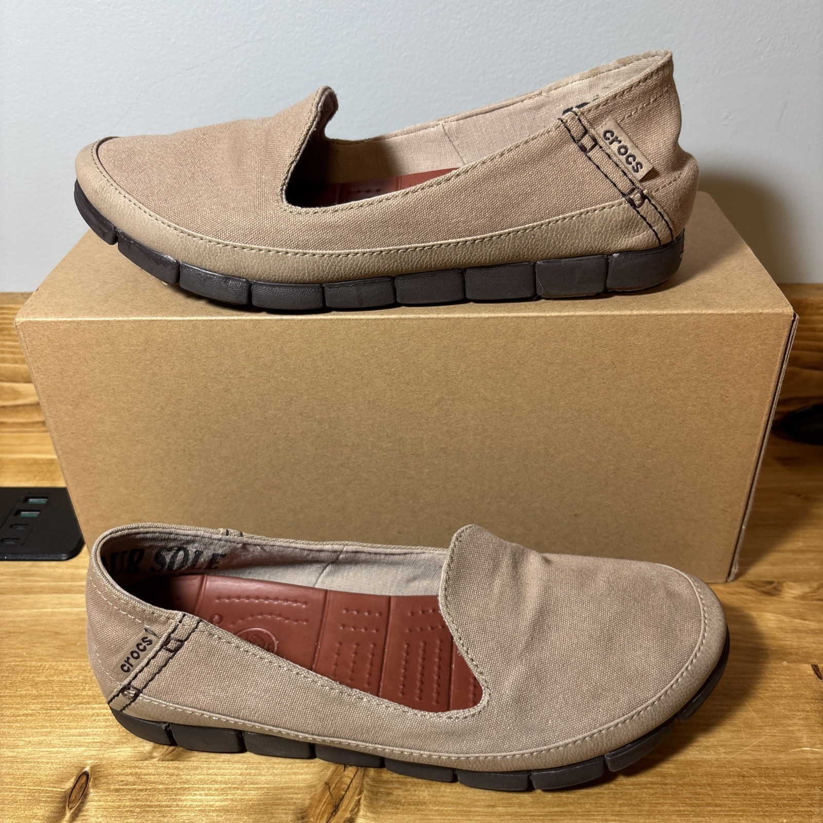 SAOLA Mocassino Crocs Skimmer donna 9 tela marrone suola elasticizzata antiscivolo scarpa