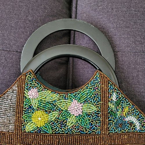VTG Beaded Purse Floral Block Pattern Plastic Circle Handles Inside Pocket Retro - Picture 5 of 20