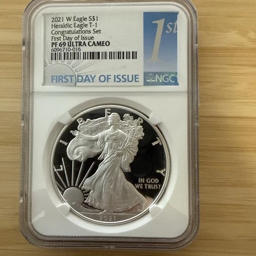 2021 W Proof Silver Eagle T-1 Congratulations Set First Day Issue NGC Pf69 UC