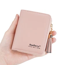 Womens Card Slot Wallet Leather Pocket Credit Card Holder Zipper Card Purse Pink