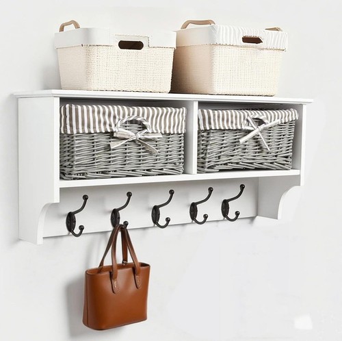 Wall Mounted Coat Rack White Shelf with 2 Grey Wicker Baskets & 5 Double Hooks - Picture 2 of 7