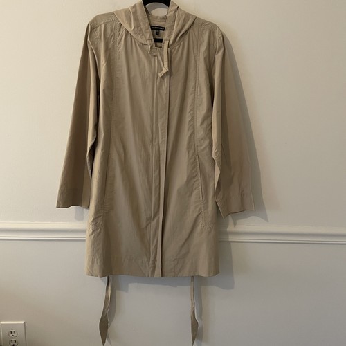 Eileen Fisher, Eileen Fisher Cotton Nylon 2 Way Zip Hooded Jacket Tan Sz M Belted Classic READ