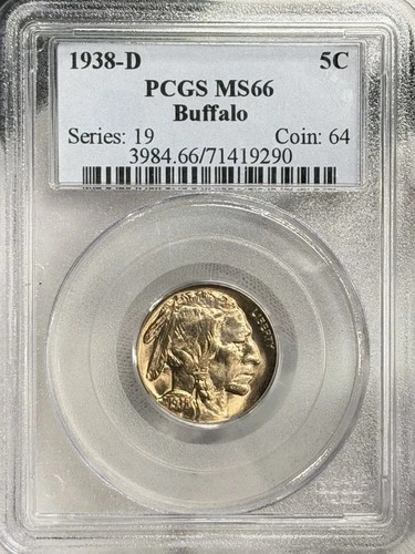 1938-D 5c Buffalo Nickel PCGS MS66 Indian Head Five Cents Denver Coin