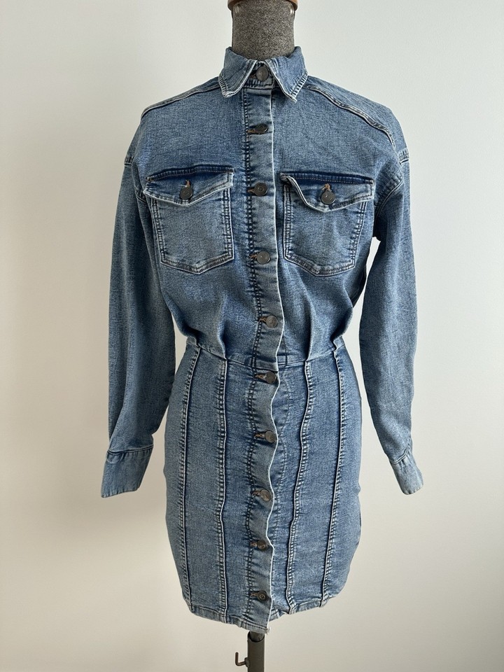 H&M Divided Womens Denim Blue Fitted Stretchy Denim Shirt Dress EU 38 US S Aus 6